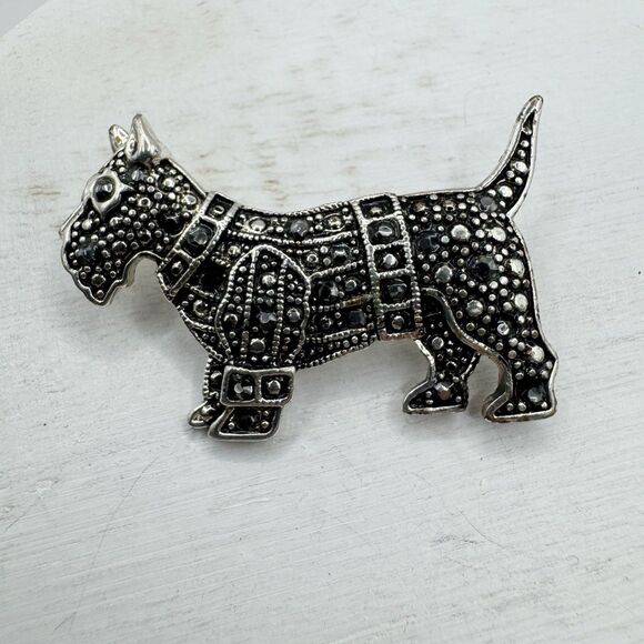 Scotty Dog Scottish Terrier Brooch Pin Silver Tone Marcasite Rhinestone 1 3/4” B - Picture 5 of 8
